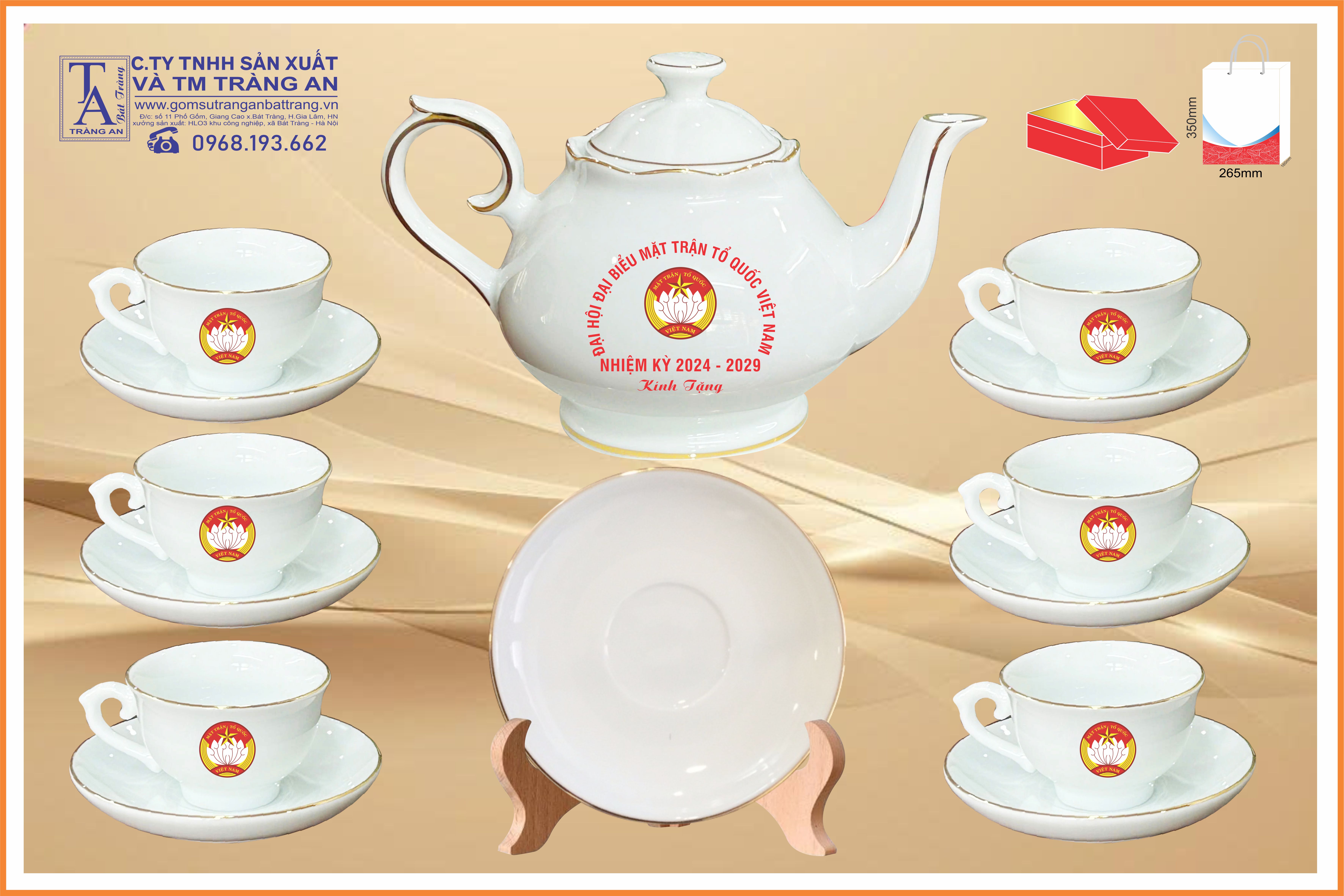 Bộ ấm chén dáng đức kẻ chỉ vàng kim, in logo đại hội